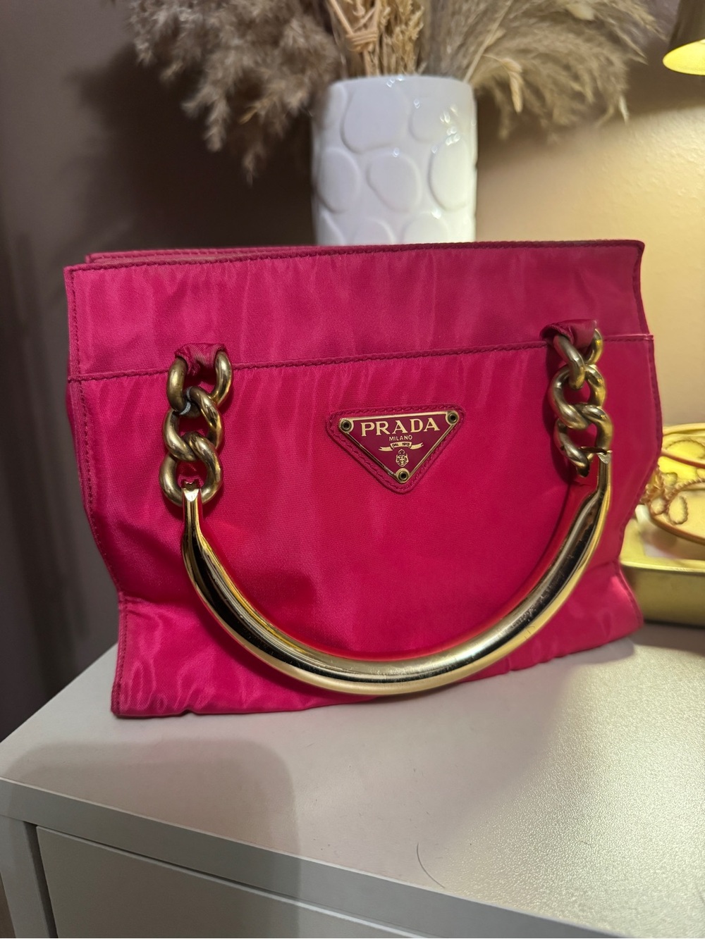 Prada Pink Nylon Gold Double Handle Bag With Dustbag